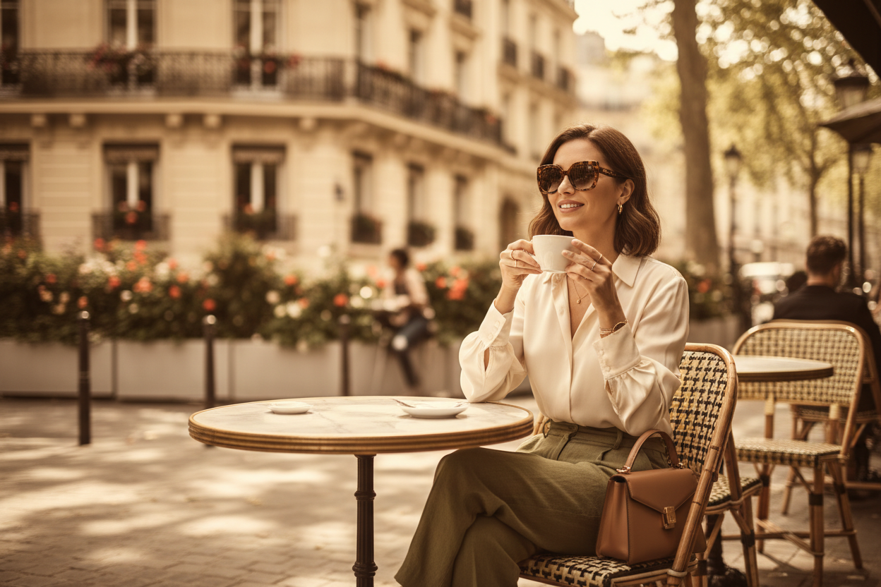 Mujer en terraza de café con gafas de sol